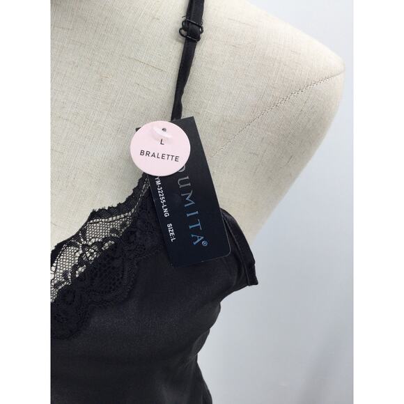 BEWICKED SZ L black satin lace trim cami 2 piece short sleep pajama set NWT 0B1 - Picture 4 of 11